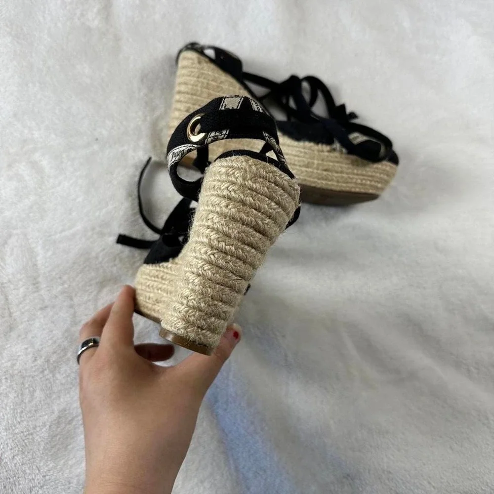 Juicy Couture black platform espadrille wedges logo ribbon y2k mcbling fairy